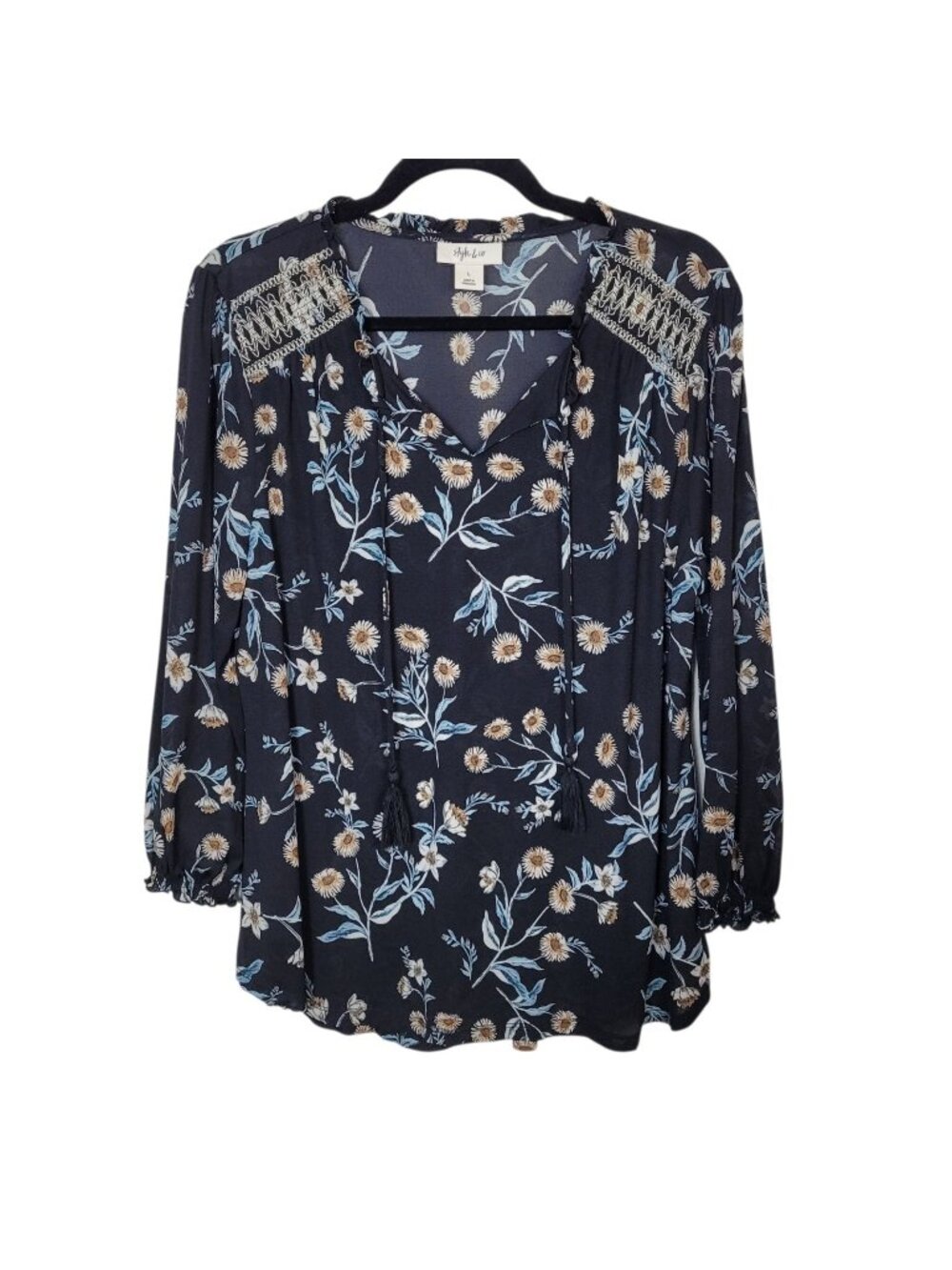Style & Co. Peasant Blouse Embroidered Yoke Detailing Bohemian Black Floral Sz L